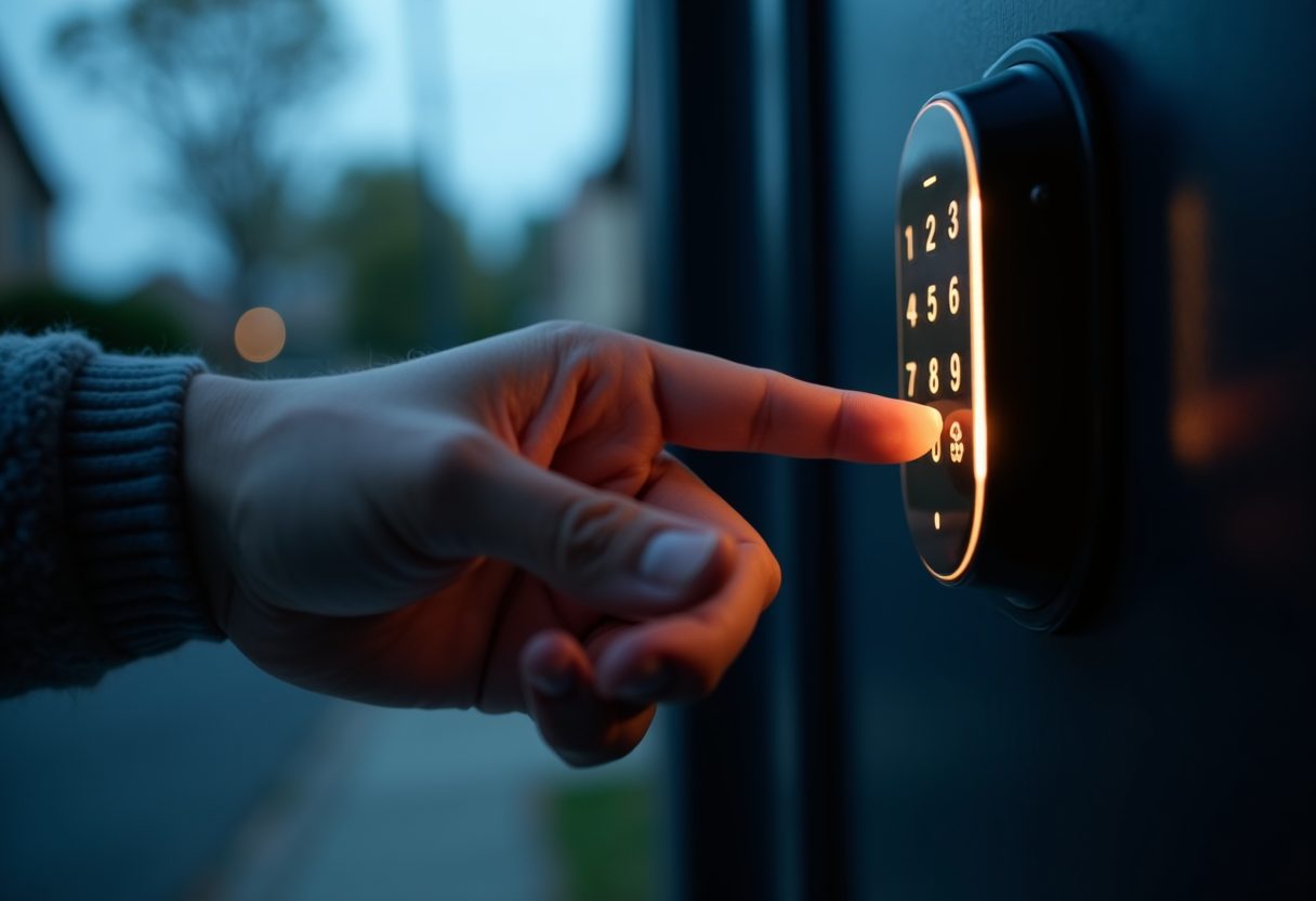 Glowing keypad smart lock at dusk